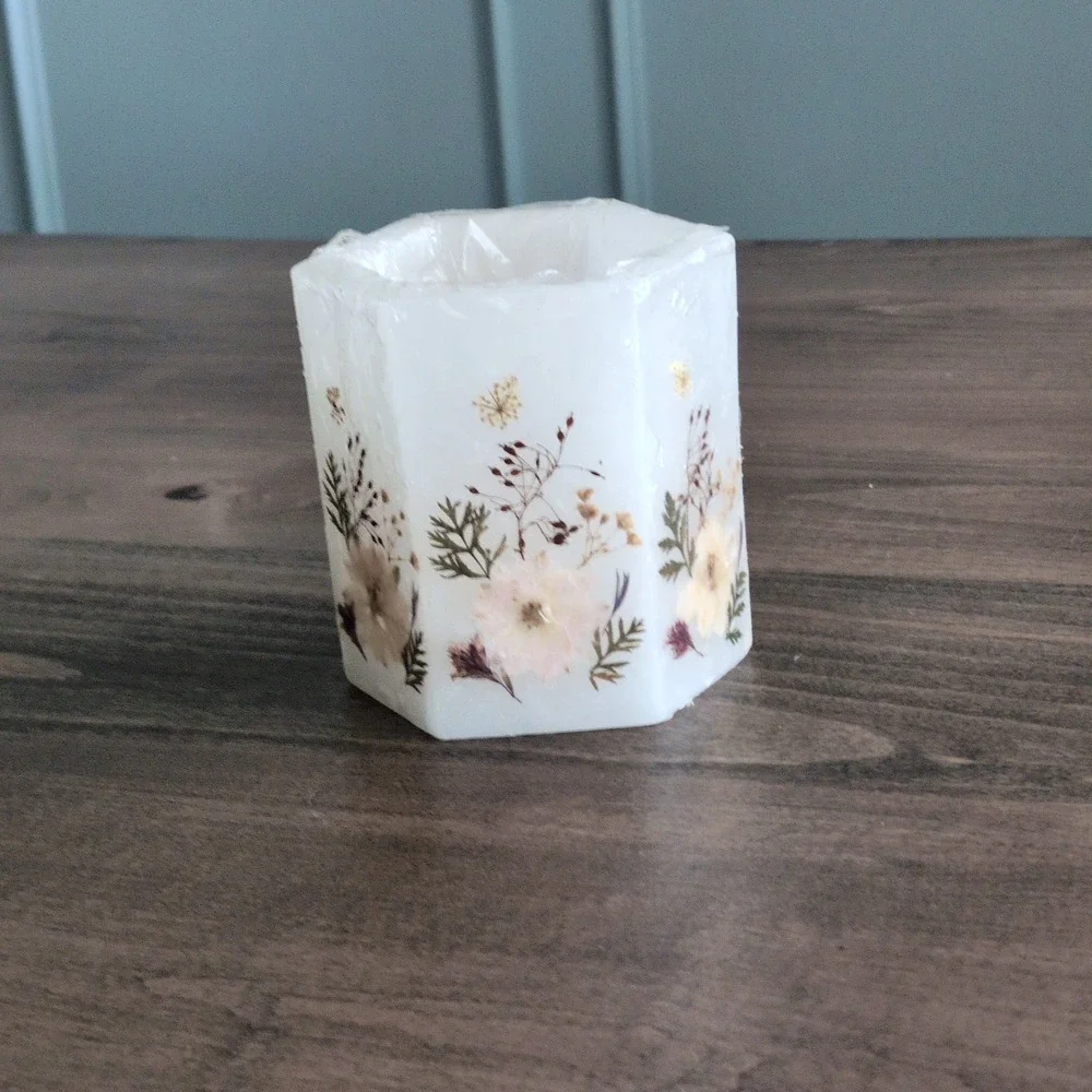 New Pressed Flower Wax Candle Luminary Votive Holder Hexagon Botanic Cottagecore